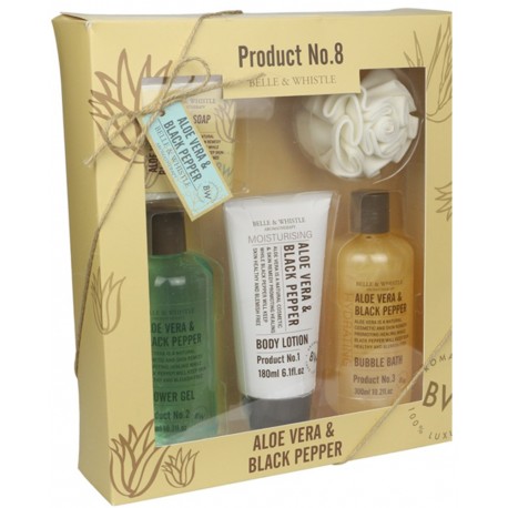 Coffret beauté de bain - Spécial Bain incluant une eponge EVA - Collection Belle & Whistle - Aloe Vera et Menthe Poivrée