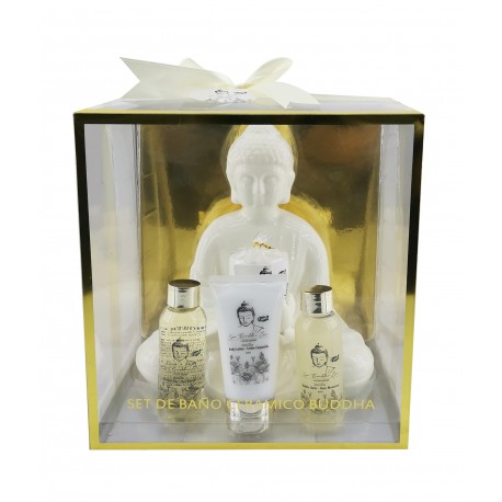 Coffret cadeau de bain et détente avec porte-bougie Bouddha - Vanille